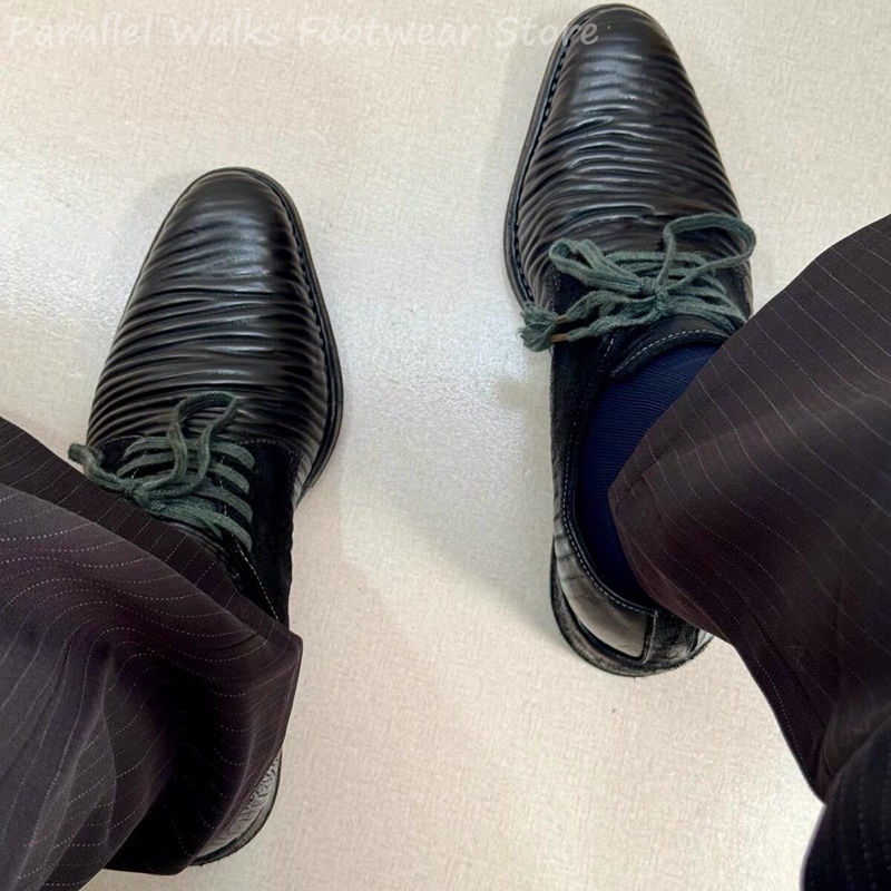 Men Shoes Oxford - Męskie plisowane skórzane buty Derby, sznurowane