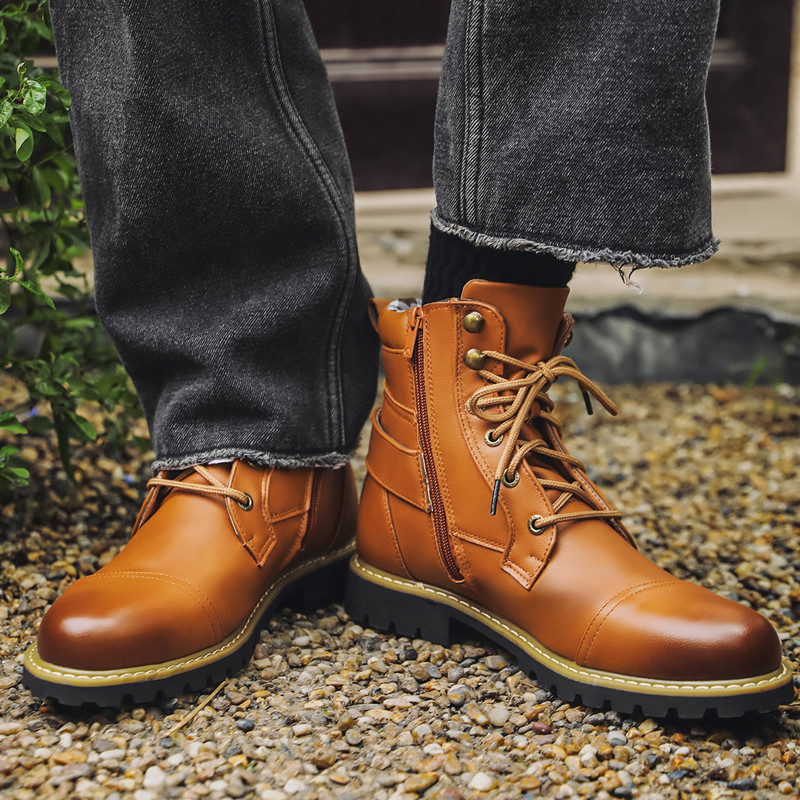 Men Shoes Oxford - Jesienne Zimowe Męskie Skórzane Botki Metalowy